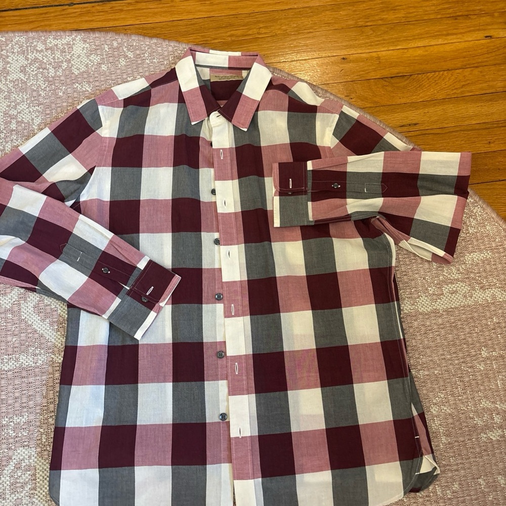 Burberry Burgundy and Gray Plaid Shirt